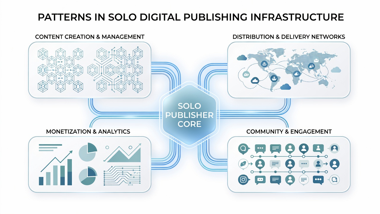 Detailed view of infrastructure components including databases, CDNs, and automation scripts in solo publishing environments