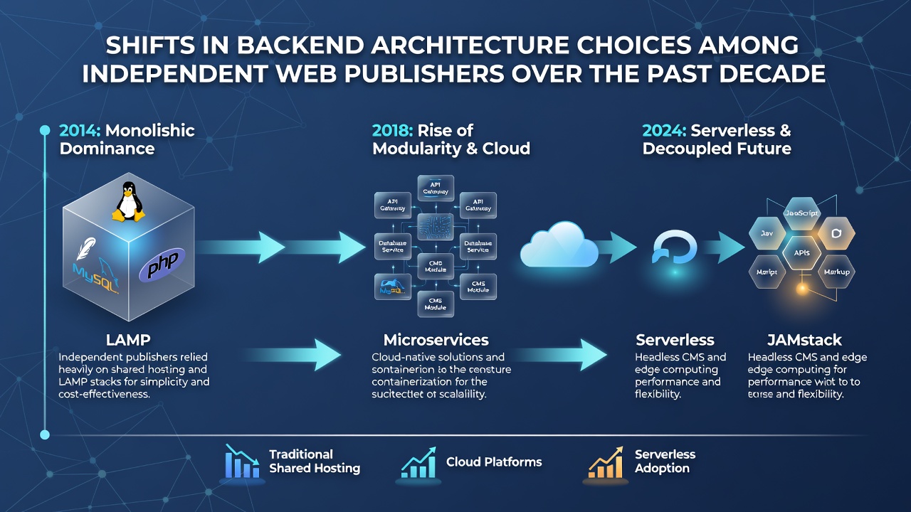Modern backend setups featuring serverless functions and headless content systems used by independent publishers